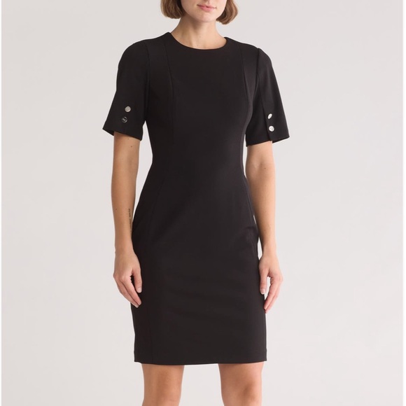 NEW DKNY WOMEN’S BUTTON SLEEVE SHEATH DRESS BLACK SIZE 8 - Picture 1 of 8